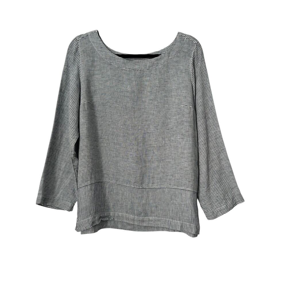 Tahari Top Womens Size M 100% Linen Blue Long Sleeve Back Button Closure Beachy